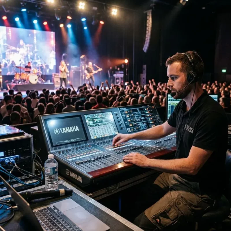 Chef de son et lumière en action: console Yamaha, écrans et synthés sur scène, avec public et groupe en concert. prestataire son et lumière bordeaux.