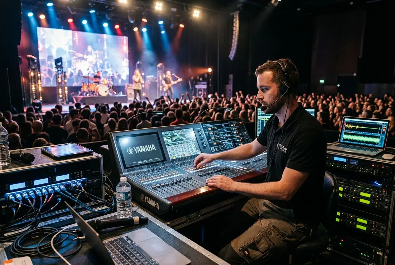 Chef de son et lumière en action: console Yamaha, écrans et synthés sur scène, avec public et groupe en concert. prestataire son et lumière bordeaux.