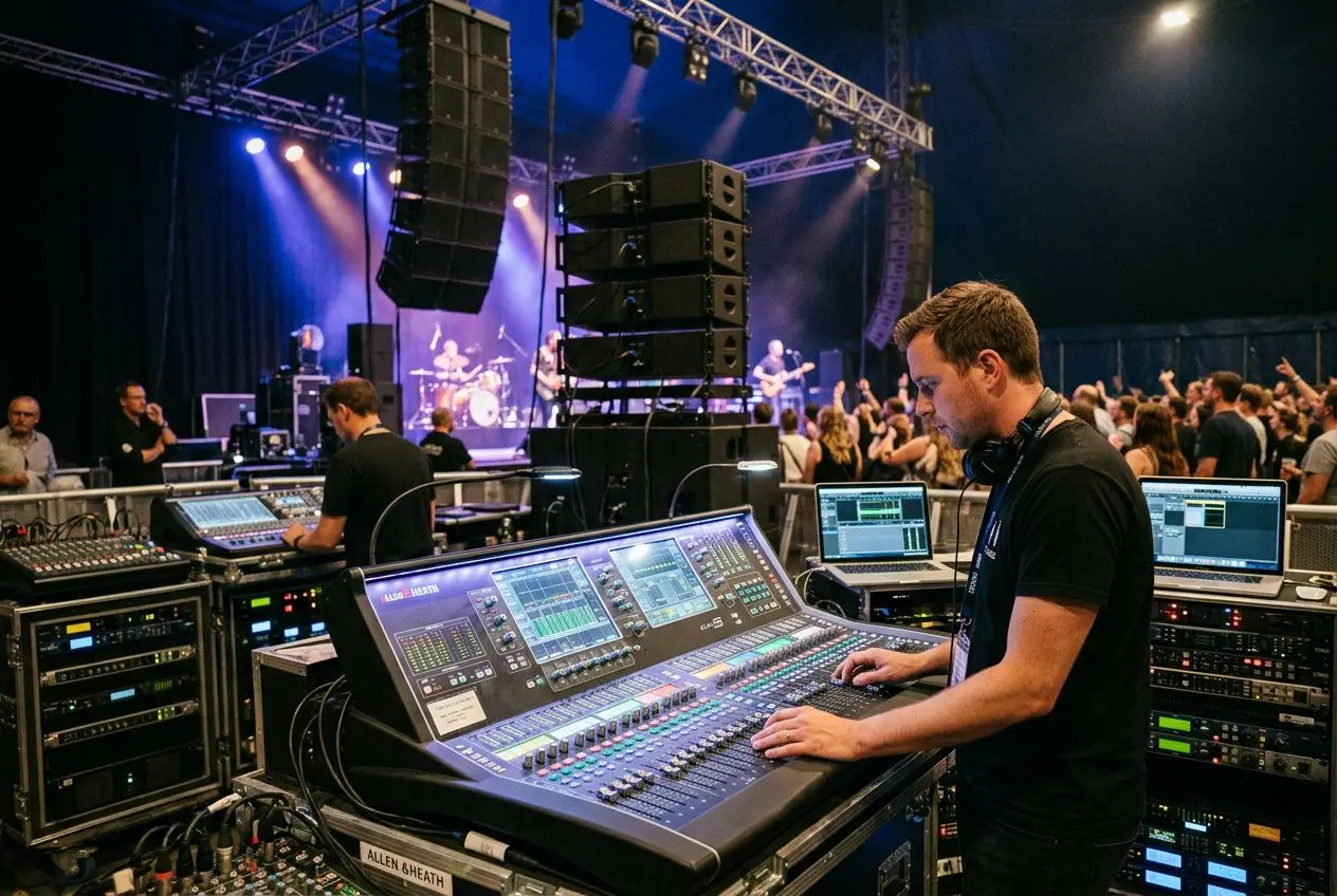 Contrôleur mixage audio en direct dans une scène de concert, avec consoles et enceintes pro, près de Bordeaux pour louer matériel audio gironde
