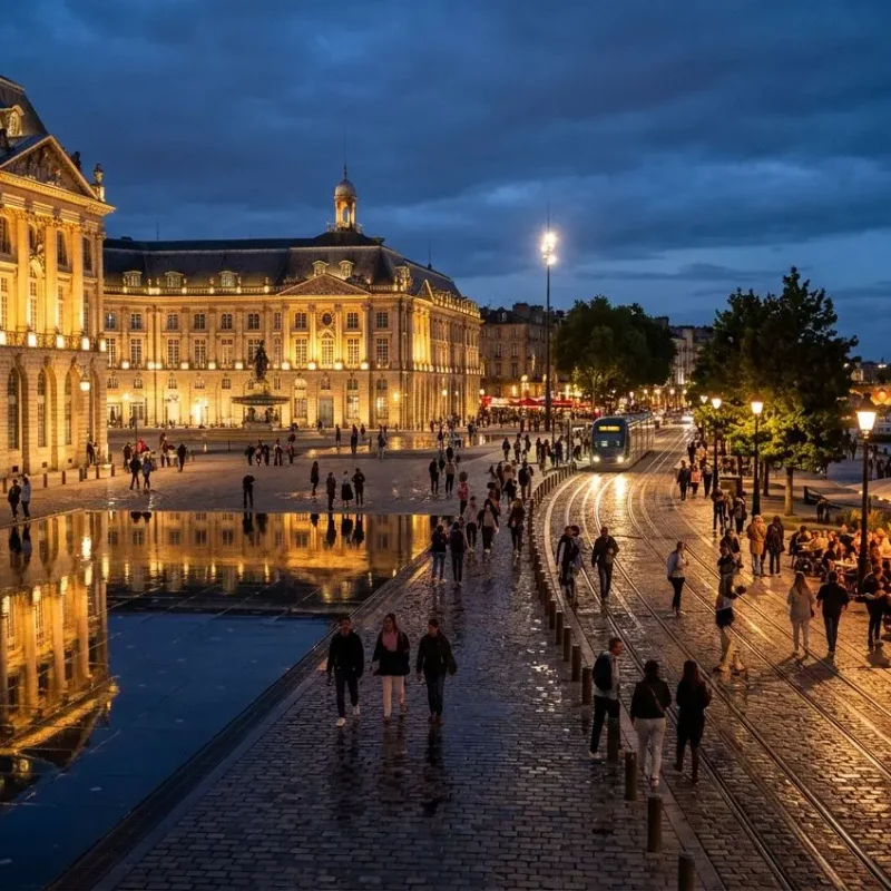 Côte de Bordeaux éclairée en soirée près de la Garonne, façades lumineuses et promenade animée avec terrasse et tramway. lumière soirée bordeaux