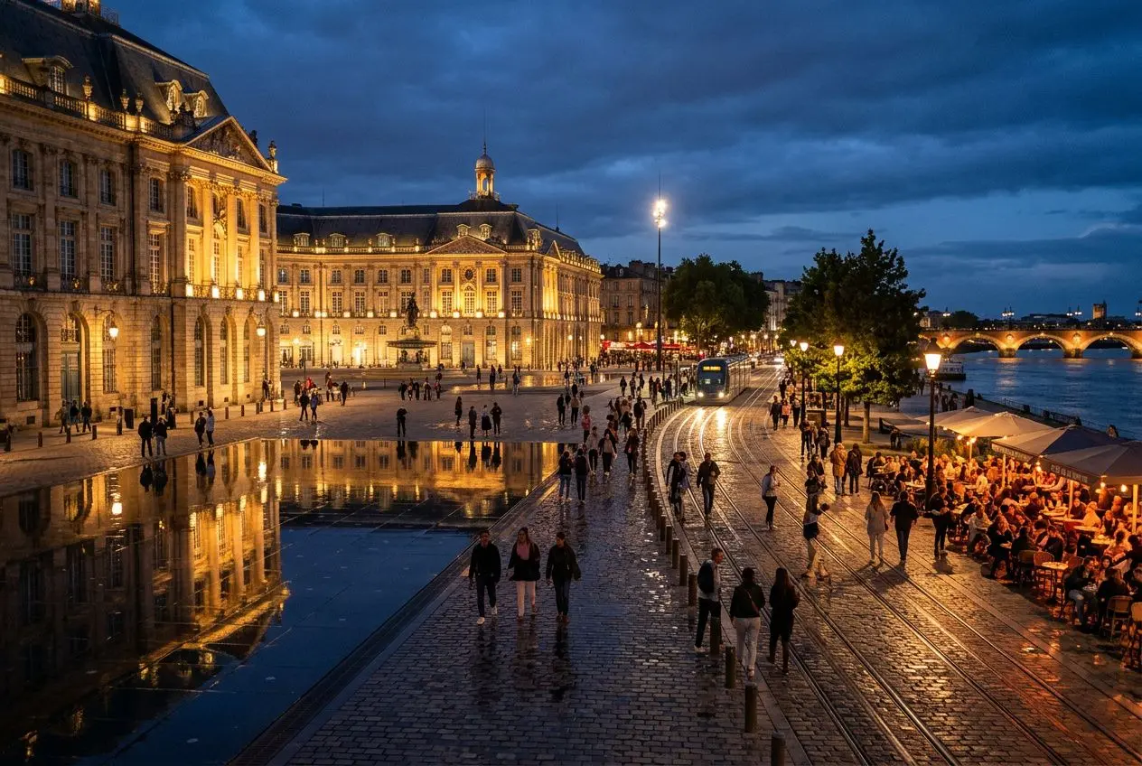 Côte de Bordeaux éclairée en soirée près de la Garonne, façades lumineuses et promenade animée avec terrasse et tramway. lumière soirée bordeaux