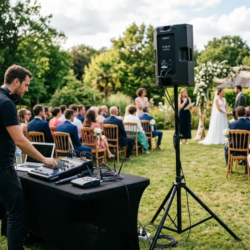 DJ ajustant la sonorisation cérémonie laïque en plein air, avec enceintes, pupitre et guests assis sur l’herbe.