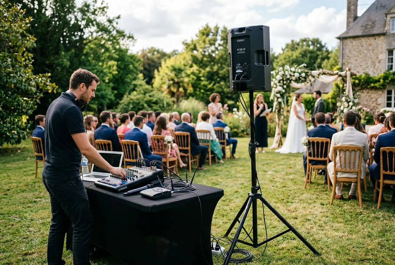 DJ ajustant la sonorisation cérémonie laïque en plein air, avec enceintes, pupitre et guests assis sur l’herbe.