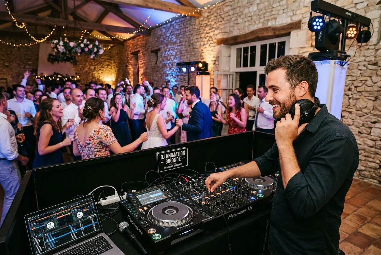 DJ animation Gironde assurant la sonorisation mariage gironde avec mixage et matériel haut de gamme lors d'une soirée nuptiale.