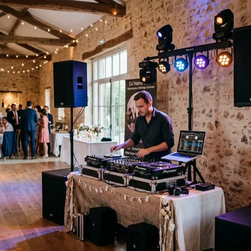 DJ en train de mixer avec matériel de sonorisation haut de gamme lors d’un mariage en Gironde, ambiance lumineuse et piste prête. sonorisation mariage gironde