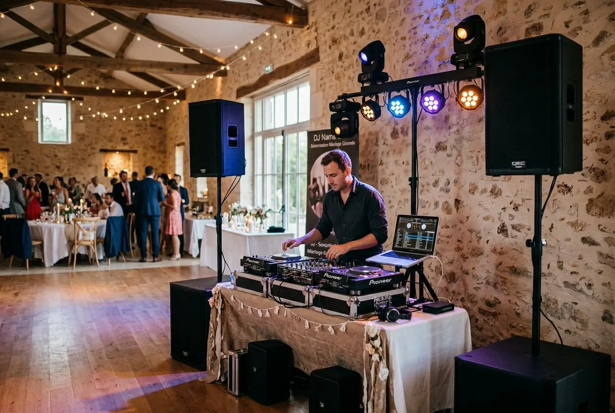 DJ en train de mixer avec matériel de sonorisation haut de gamme lors d’un mariage en Gironde, ambiance lumineuse et piste prête. sonorisation mariage gironde