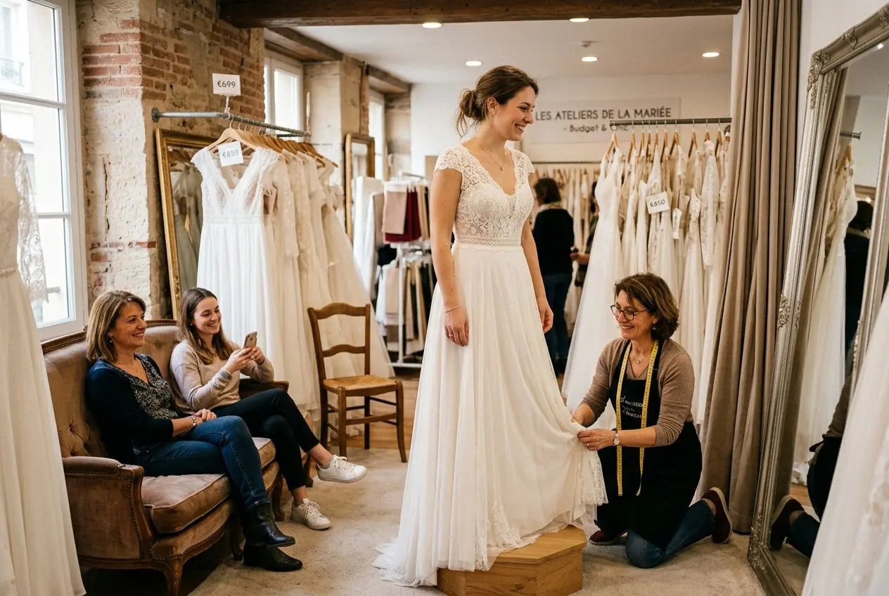 Femme en robe de mariée longue et élégante, aidée par une conseillère en boutique; autres clientes regardent, sur fond d’étagères à robes et miroir. Comment choisir sa robe de mariage selon morphologie.