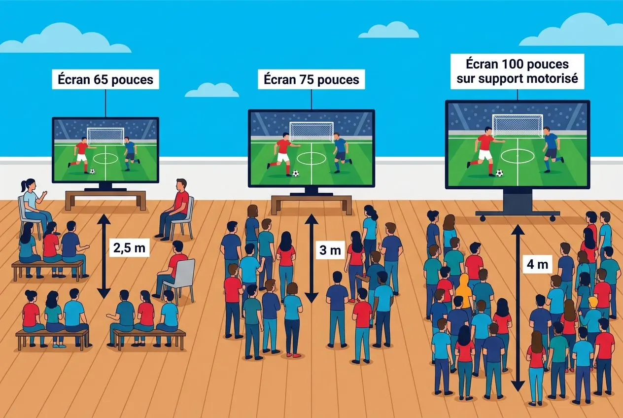 Grand espace extérieur avec trois téléviseurs géants pour sport, publics assis et debout, distanciation marquée.
