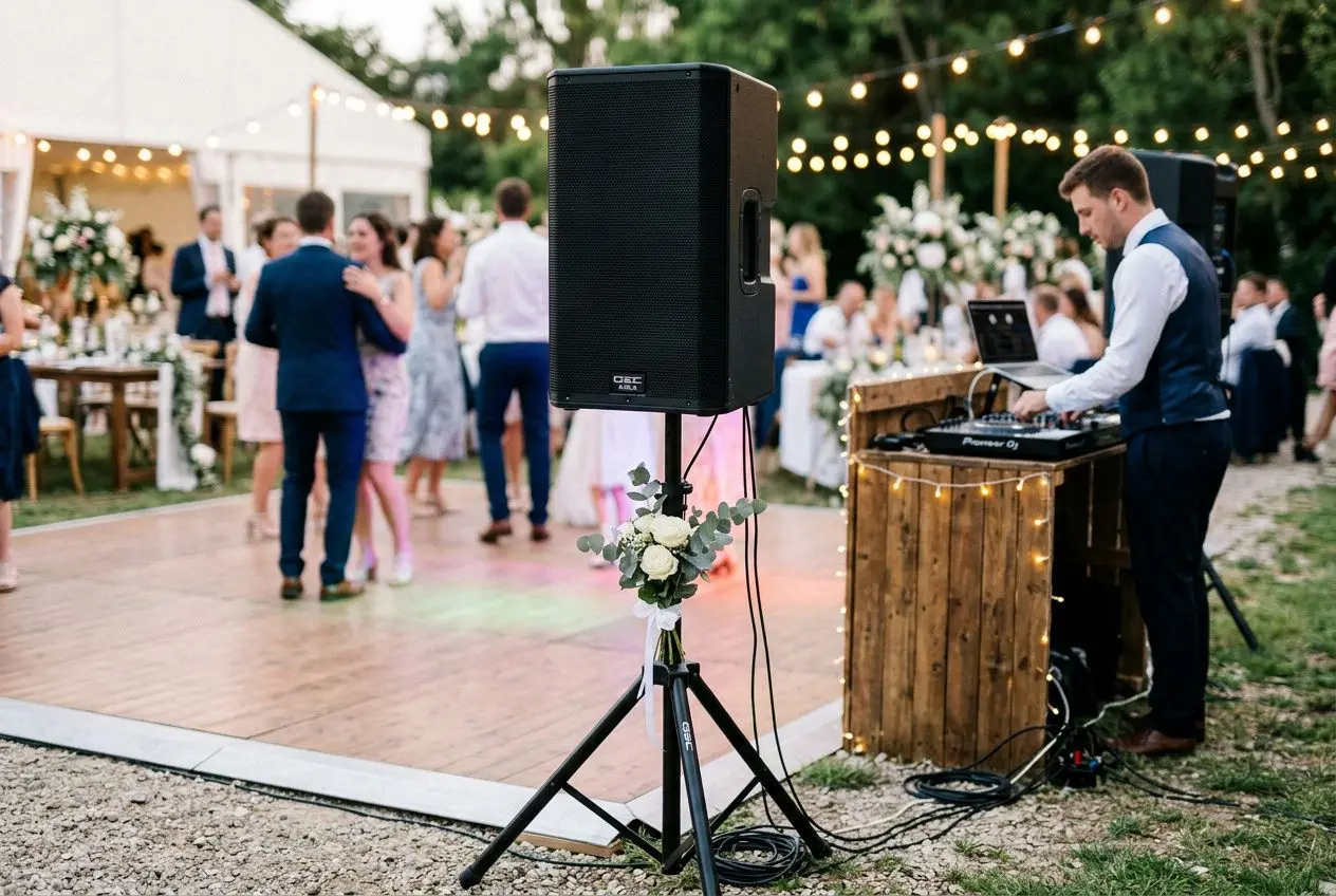 Grande sono pro dans un espace extérieur de mariage en Gironde, DJ à la mixette, enceinte sur trépied et câbles, ambiance lumineuse chaleureuse. sonorisation mariage gironde.