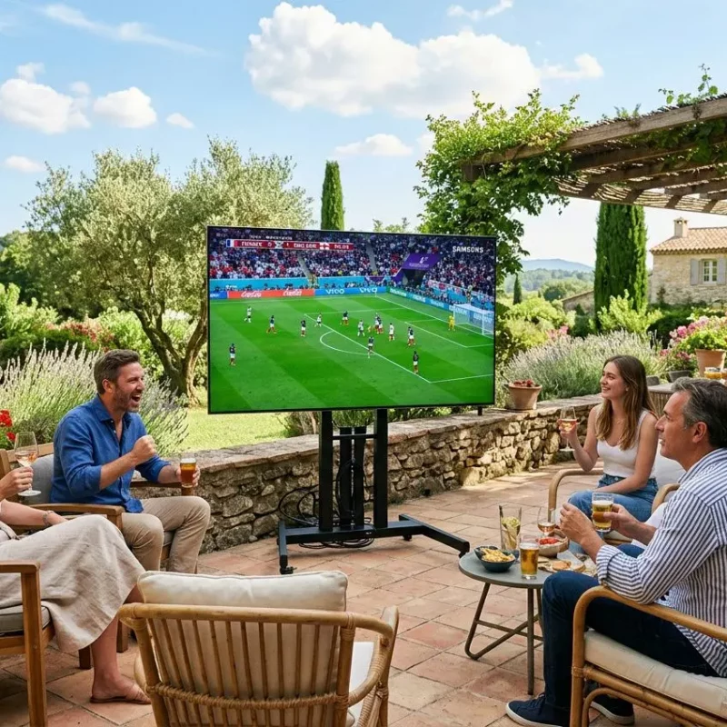 Groupe de personnes assises en plein air regardant un match sur une tv extérieure QLED installée dans un jardin soigné et lumineux.