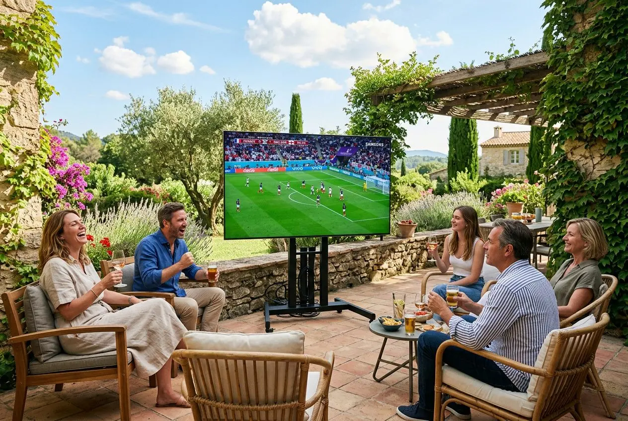 Groupe de personnes assises en plein air regardant un match sur une tv extérieure QLED installée dans un jardin soigné et lumineux.