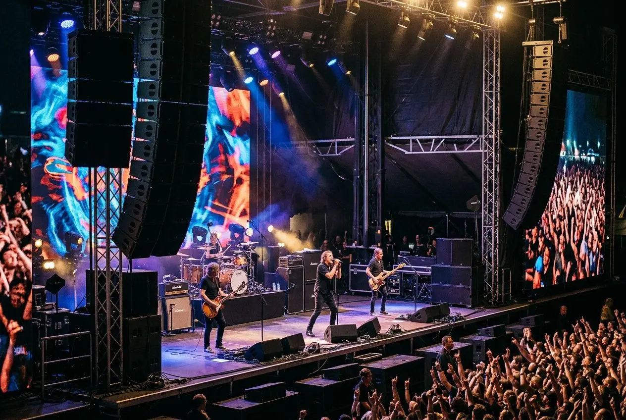 Groupe de rock sur scène avec enceintes sono concert en extérieur, public enthousiaste et éclairage coloré.