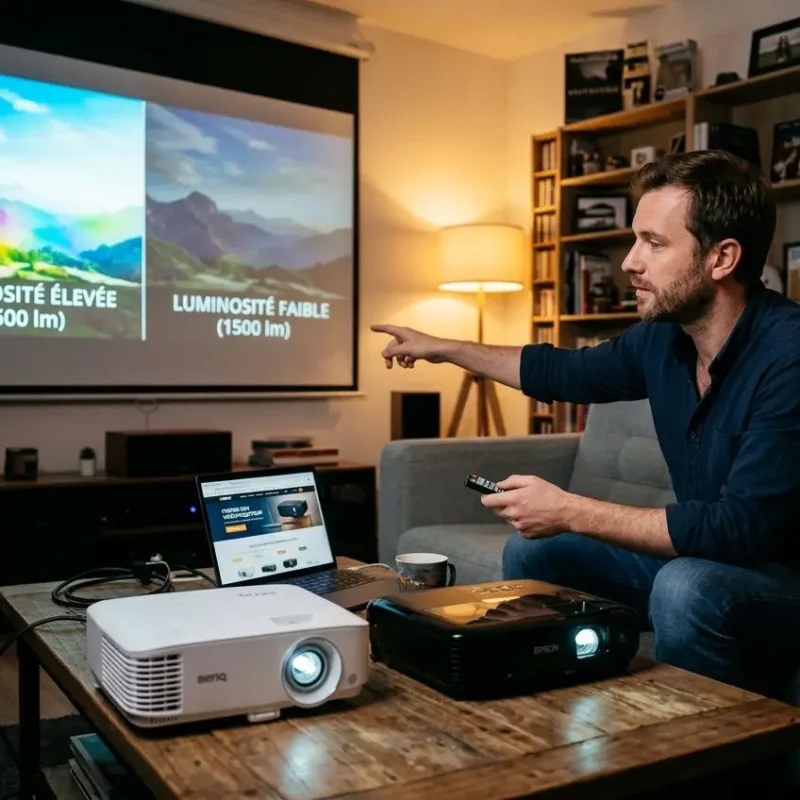 Un homme dans un salon regarde et pointe un vidéoprojecteur projettant deux paysages sur un mur, avec un ordinateur portable et une tasse sur la table. Comment choisir un vidéoprojecteur.