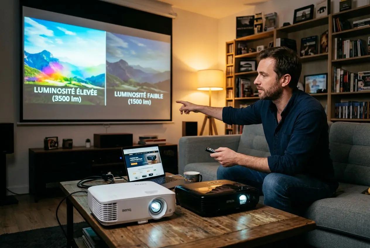 Un homme dans un salon regarde et pointe un vidéoprojecteur projettant deux paysages sur un mur, avec un ordinateur portable et une tasse sur la table. Comment choisir un vidéoprojecteur.