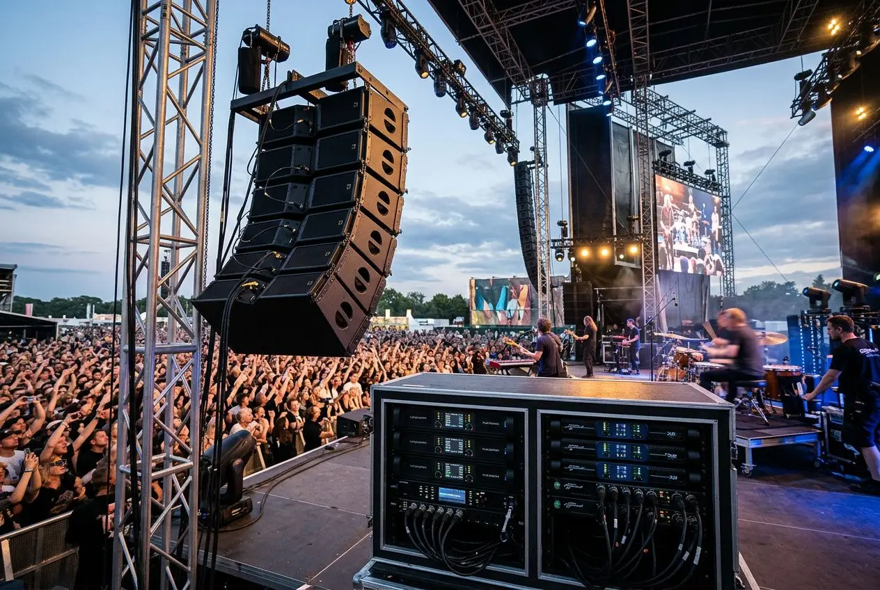 Joueurs et public en concert, grande scène avec système de sonorisation pro et racks d’équipements, ambiance extérieure. sonorisation pour un concert