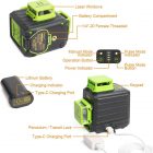 Niveau Laser Vert - Sono Médoc montrant le boîtier noir avec éléments vert fluo, batterie lithium, ports USB-C et charge, lentille laser, et télécommande/accroche. Altimètre? (description fidèle)