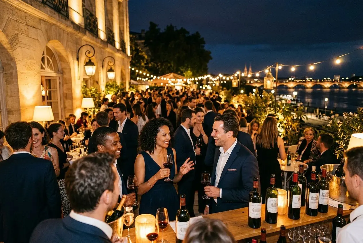 Lumière soirée Bordeaux: soirée élégante au bord de l’eau avec des invités parlant et trinquant sous guirlandes lumineuses, ambiance chaleureuse.