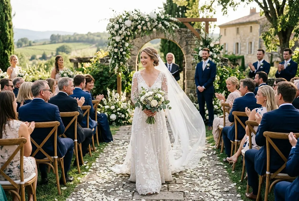 Mariée marchant dans l’allée lors d’un mariage en plein air, portant une robe blanche lace avec voile et bouquet, entourée d’invités et d’un cadre floral élégant. Comment choisir sa robe de mariage intégrée.