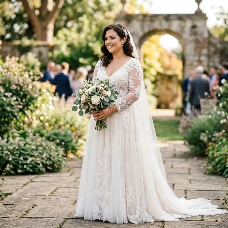 Mariée en robe blanche longue et échancrée en dentelle, bouquet de fleurs, cérémonie en jardin verdoyant. comment choisir sa robe de mariage