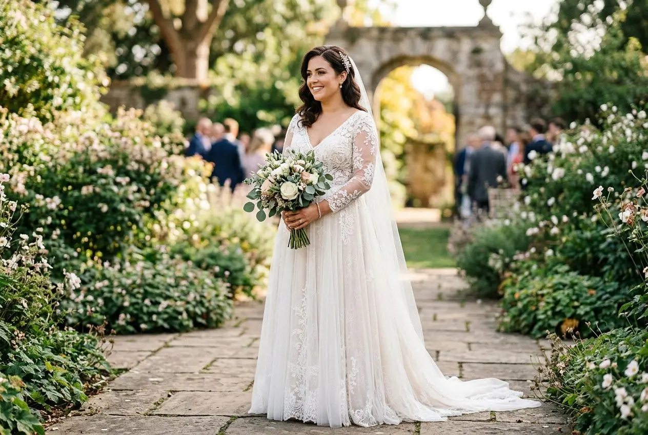 Mariée en robe blanche longue et échancrée en dentelle, bouquet de fleurs, cérémonie en jardin verdoyant. comment choisir sa robe de mariage