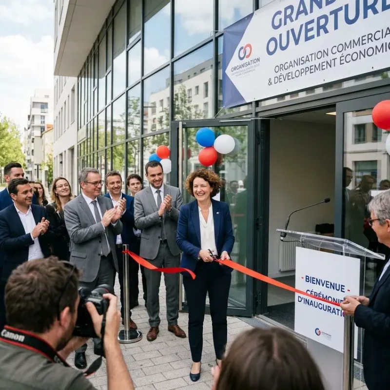 Ouverture d’un magasin: une responsable coupe le ruban rouge devant une façade vitrée, entourée de journalistes et d’élus en habits professionnels, ballons et bannières.