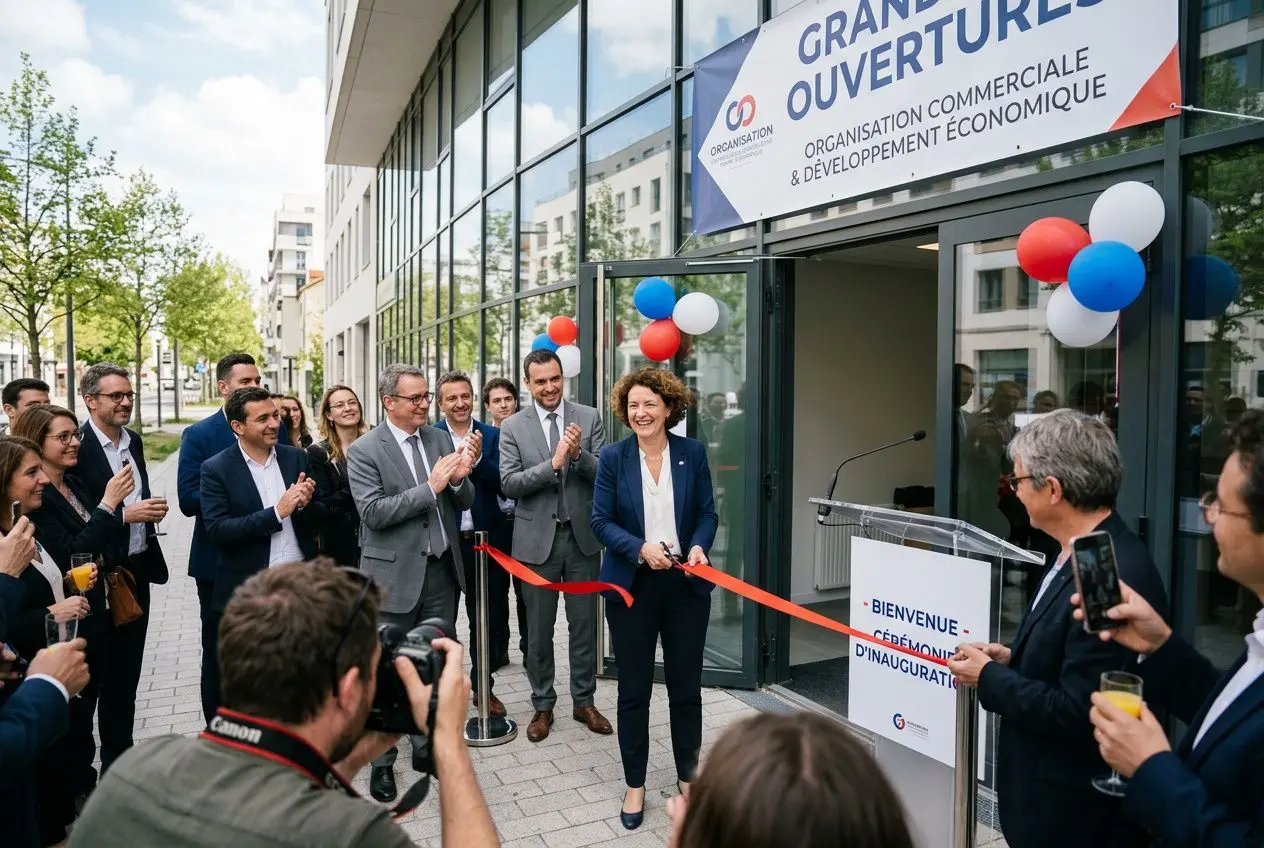 Ouverture d’un magasin: une responsable coupe le ruban rouge devant une façade vitrée, entourée de journalistes et d’élus en habits professionnels, ballons et bannières.