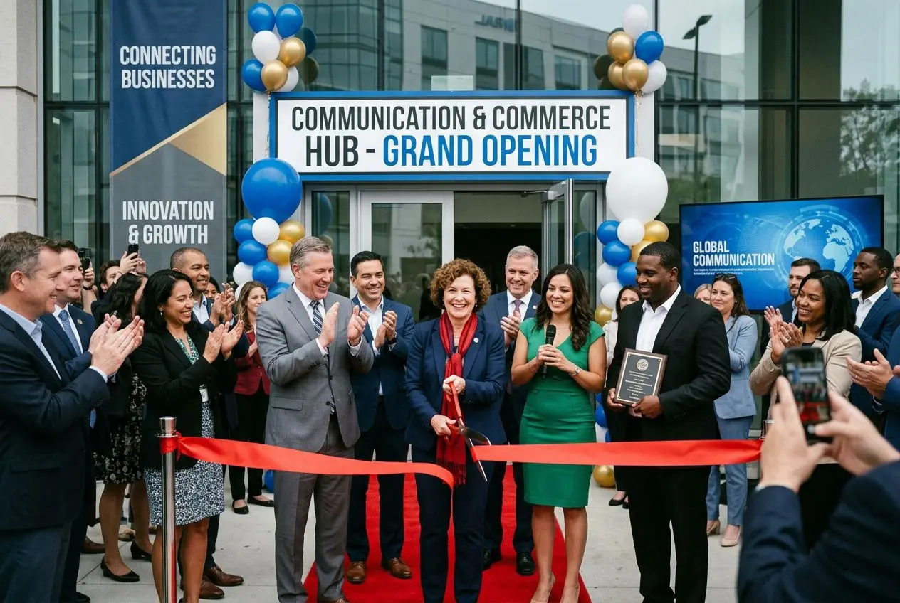 Ouverture grandiose d’un hub de communication et commerce: discours, ribbon-cutting et cérémonie entourée d’un groupe souriant. intégration du mot-clé: comment organiser l'ouverture d'un magasin.