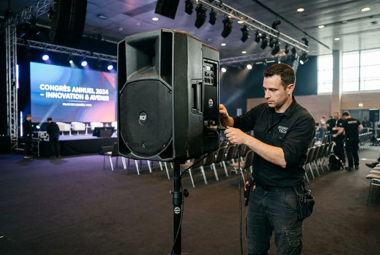 Prestataire son et lumière Bordeaux en action : technicien ajustant une enceinte et le système audio-éclairage lors d’un événement en salle.