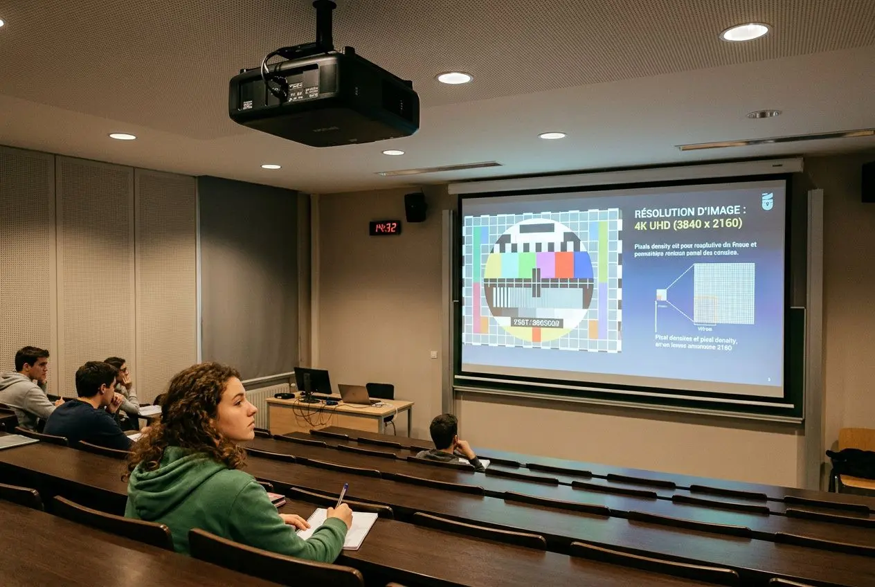 Salle de cours avec vidéoprojecteur projetant un test de résolution; étudiants prennent des notes. Comment choisir un vidéoprojecteur intégrant l’idée d’usage pédagogique.