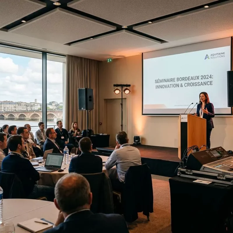 Sono séminaire Bordeaux : intervenant sur scène lors d’un séminaire en salle lumineuse, auditoire autour de tables avec matériel et écran projection.