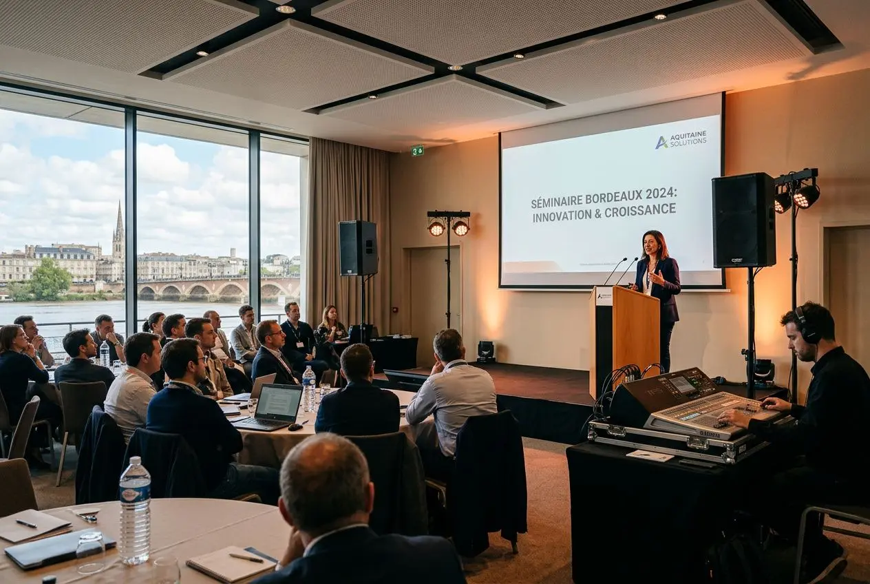 Sono séminaire Bordeaux : intervenant sur scène lors d’un séminaire en salle lumineuse, auditoire autour de tables avec matériel et écran projection.