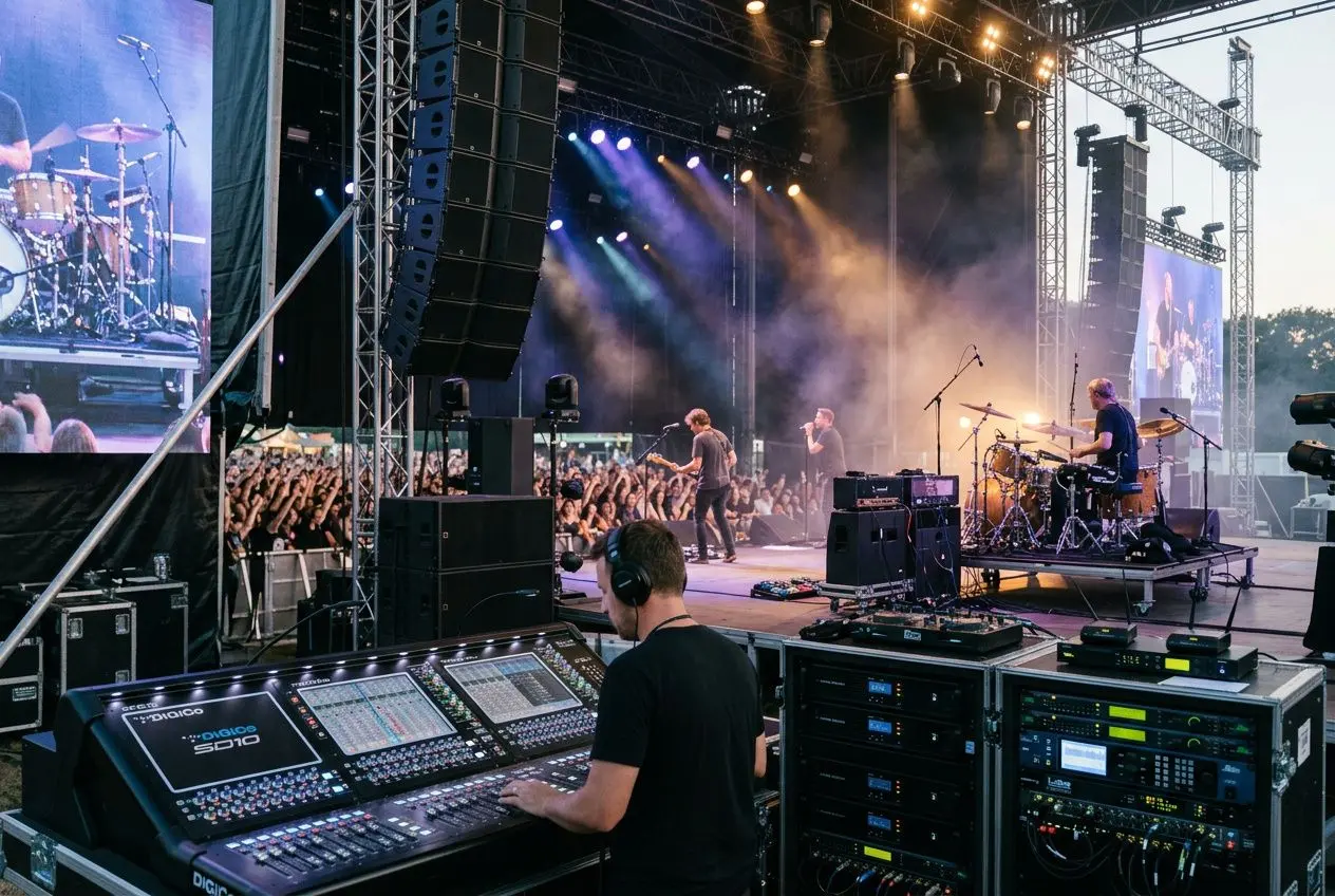 Sonorisation pour un concert: technicien mixant sur console numérique devant une scène avec musiciens, enceintes et éclairage surélevé.