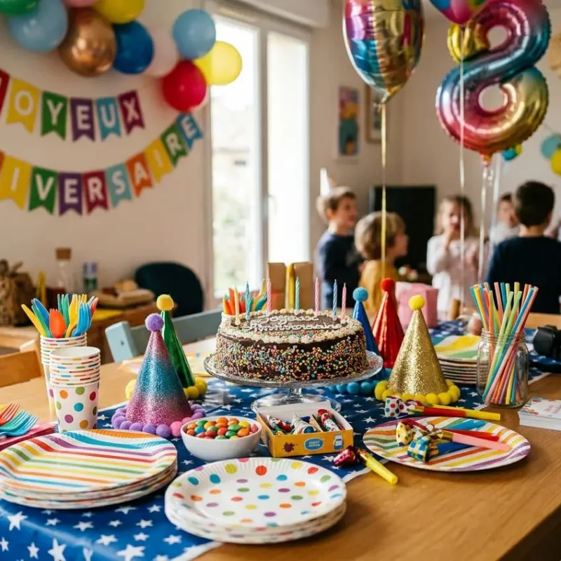 Table décorée et gâteau au centre, matériel fête anniversaire et accessoires colorés sur la nappe à motifs étoiles.
