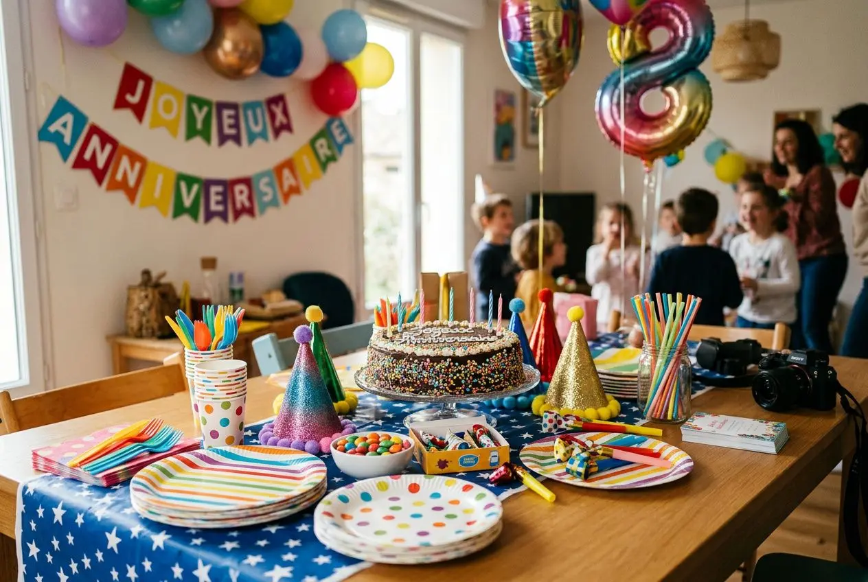 Table décorée et gâteau au centre, matériel fête anniversaire et accessoires colorés sur la nappe à motifs étoiles.