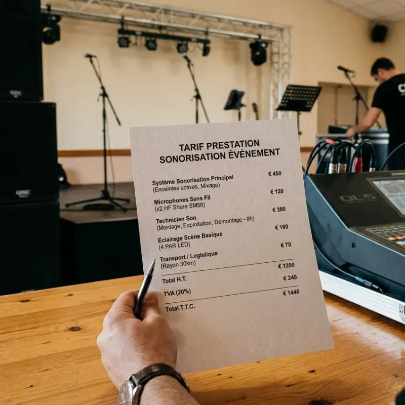 Tarif prestation de sonorisation affiché sur une feuille, ambiance salle de concerts en coulisses avec console et matériel professionnel.