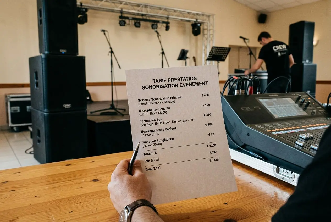 Tarif prestation de sonorisation affiché sur une feuille, ambiance salle de concerts en coulisses avec console et matériel professionnel.