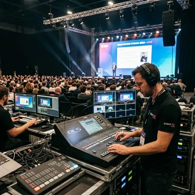 Technicien au matériel audiovisuel événementiel en Gironde gère le réglage audio/vidéo lors d’une grande conférence.