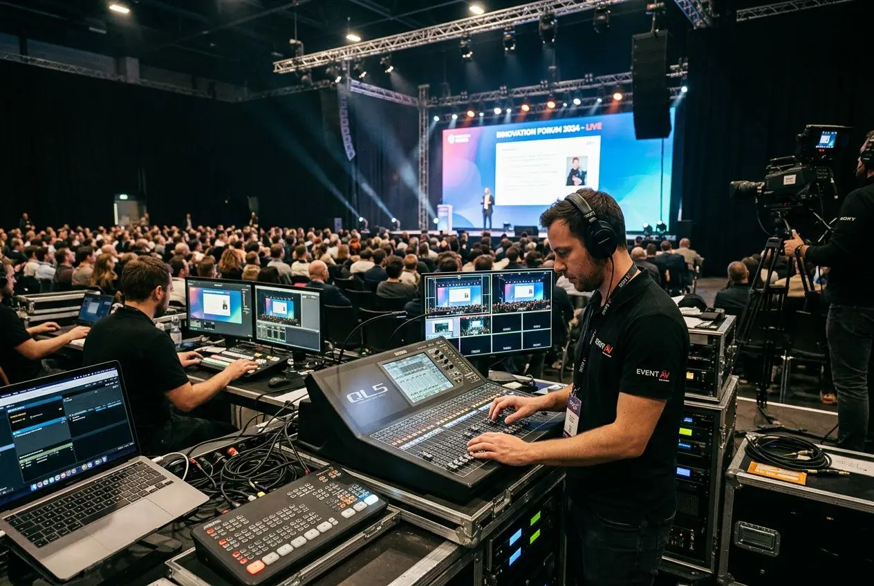 Technicien au matériel audiovisuel événementiel en Gironde gère le réglage audio/vidéo lors d’une grande conférence.