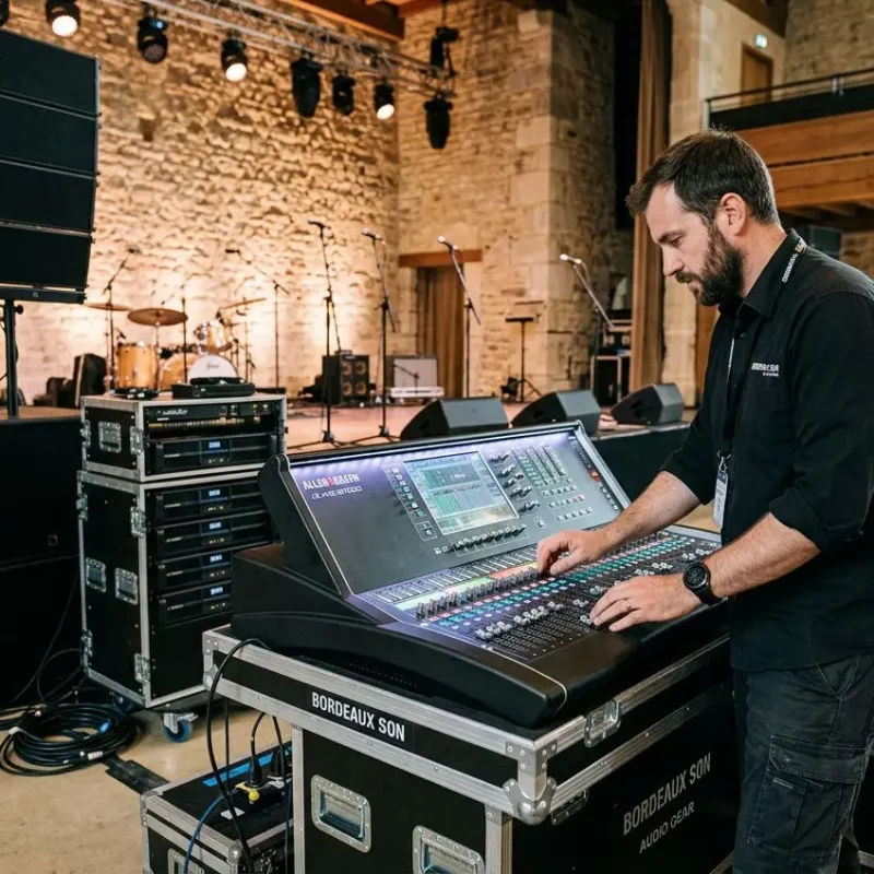 Technicien utilisant une console de mixage pour matériel sonorisation Bordeaux, dans une salle de concert équipée. nommer "materiel sonorisation bordeaux" intégrée naturellement.