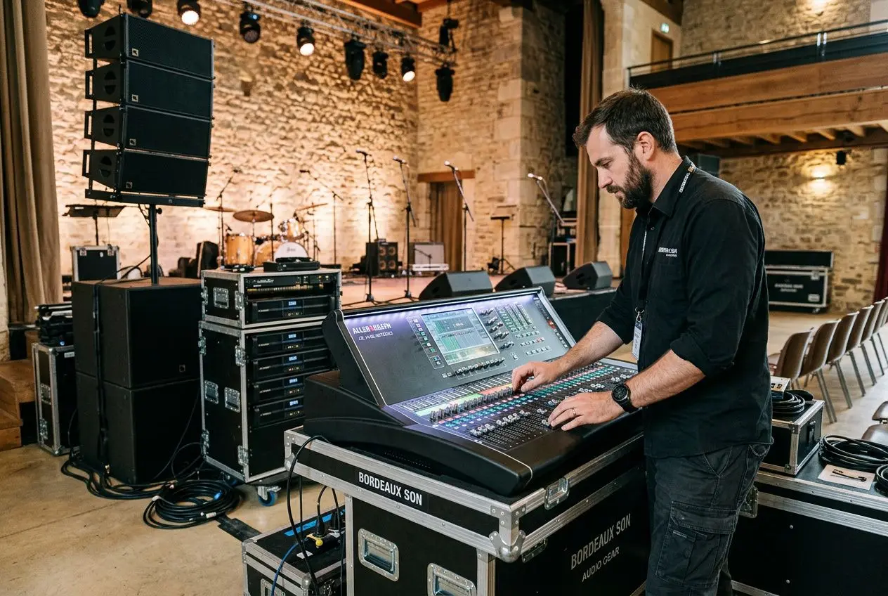 Technicien utilisant une console de mixage pour matériel sonorisation Bordeaux, dans une salle de concert équipée. nommer "materiel sonorisation bordeaux" intégrée naturellement.