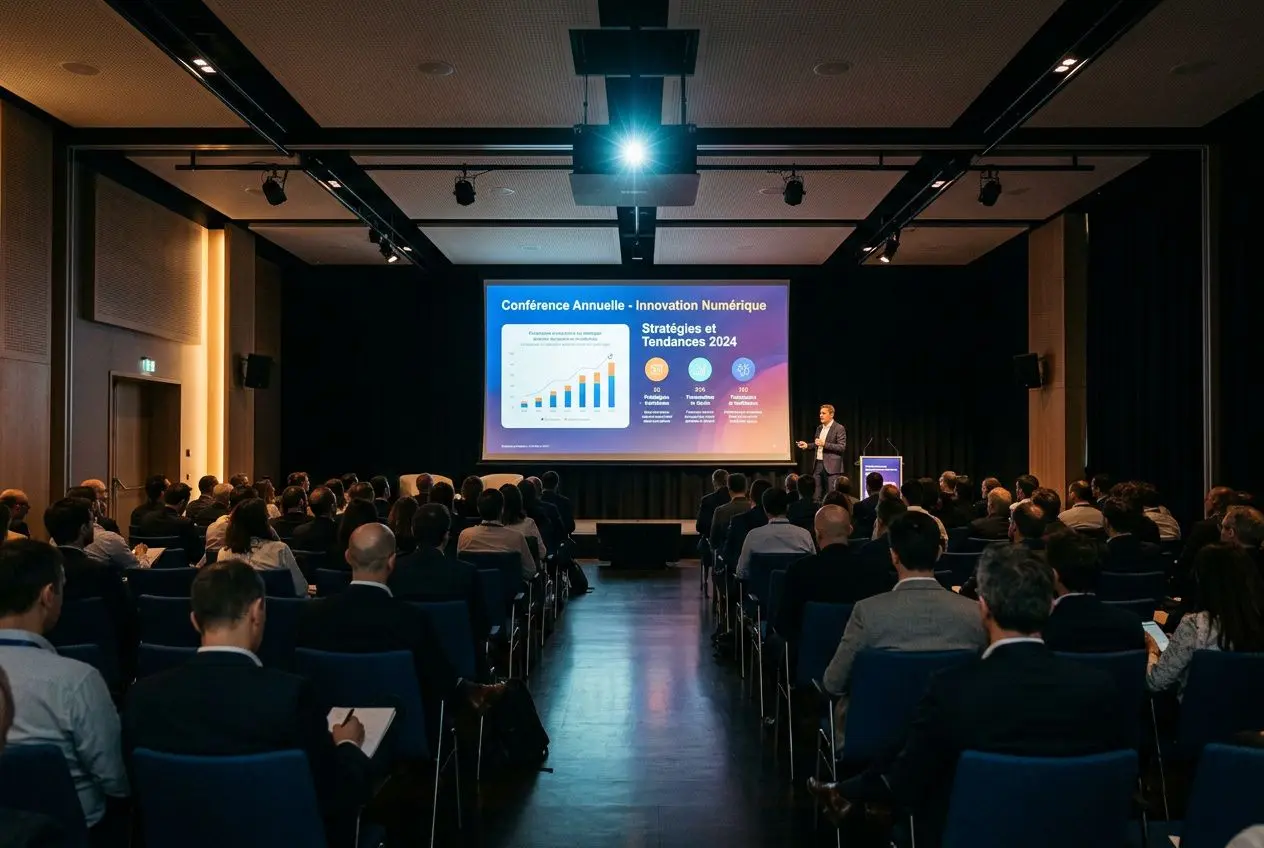 Audit d’une présentation en salle: un conférencier projette des graphiques sur écran, devant une audience assise lors d’un événement. Comment choisir vidéoprojecteur événement intégré.