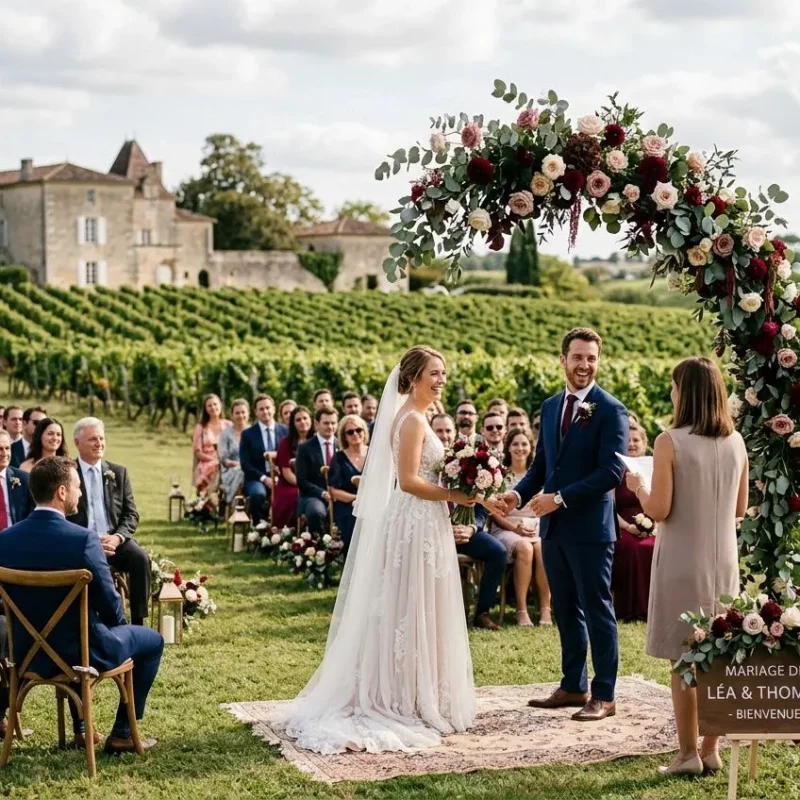 Cérémonie de mariage en extérieur près des vignes, couple à l’autel sous une arche florale, invités assis sur des chaises, cadre champêtre et noble, ambiance romantique et festive. Organisation mariage bordeaux.