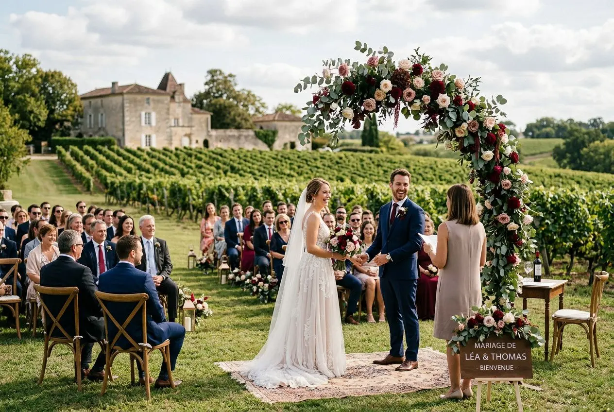 Cérémonie de mariage en extérieur près des vignes, couple à l’autel sous une arche florale, invités assis sur des chaises, cadre champêtre et noble, ambiance romantique et festive. Organisation mariage bordeaux.