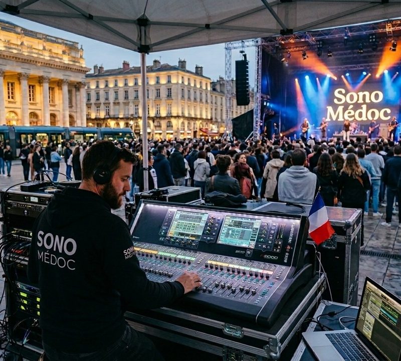 Chef sonorisateur en action sur scène lors d’un événement à Bordeaux, avec console de mixage et matériel audio sous chapiteau et foule. location matériel son événement bordeaux
