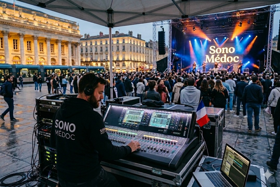 Chef sonorisateur en action sur scène lors d’un événement à Bordeaux, avec console de mixage et matériel audio sous chapiteau et foule. location matériel son événement bordeaux
