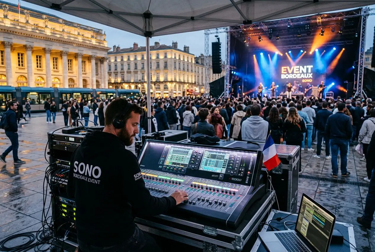 Chef sonorisateur en action sur scène lors d’un événement à Bordeaux, avec console de mixage et matériel audio sous chapiteau et foule. location matériel son événement bordeaux