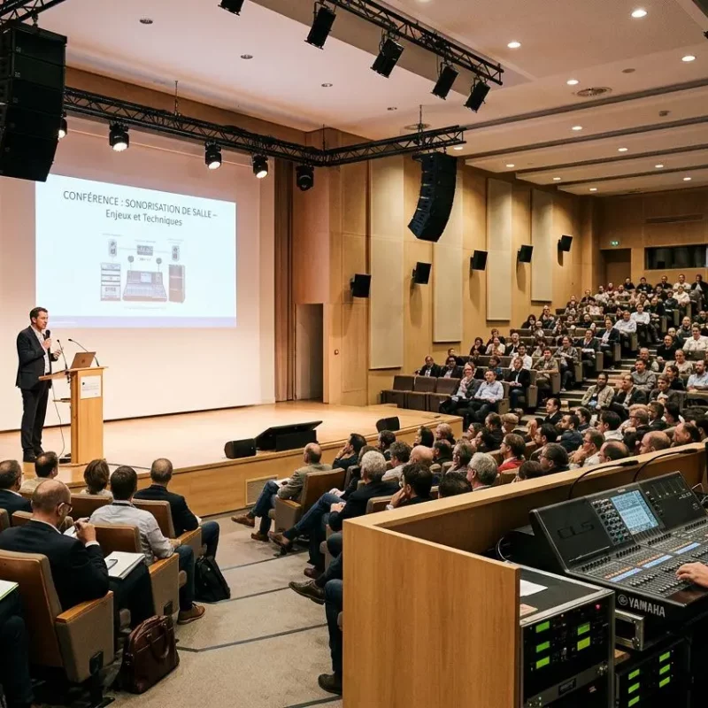 Conférence en salle de grande affluence: orateur sur scène présente, écran projection et salle ambiance acoustique adaptée pour comment sonoriser une conférence.