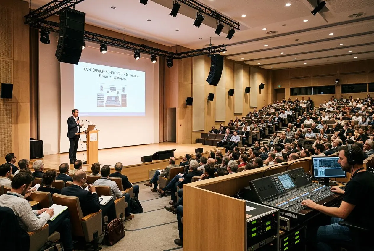 Conférence en salle de grande affluence: orateur sur scène présente, écran projection et salle ambiance acoustique adaptée pour comment sonoriser une conférence.