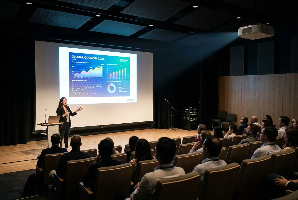 Conférence en salle sombre avec présentatrice devant un écran projettant des graphiques et des données, auditoire attentif. lumens vidéoprojecteur c est quoi