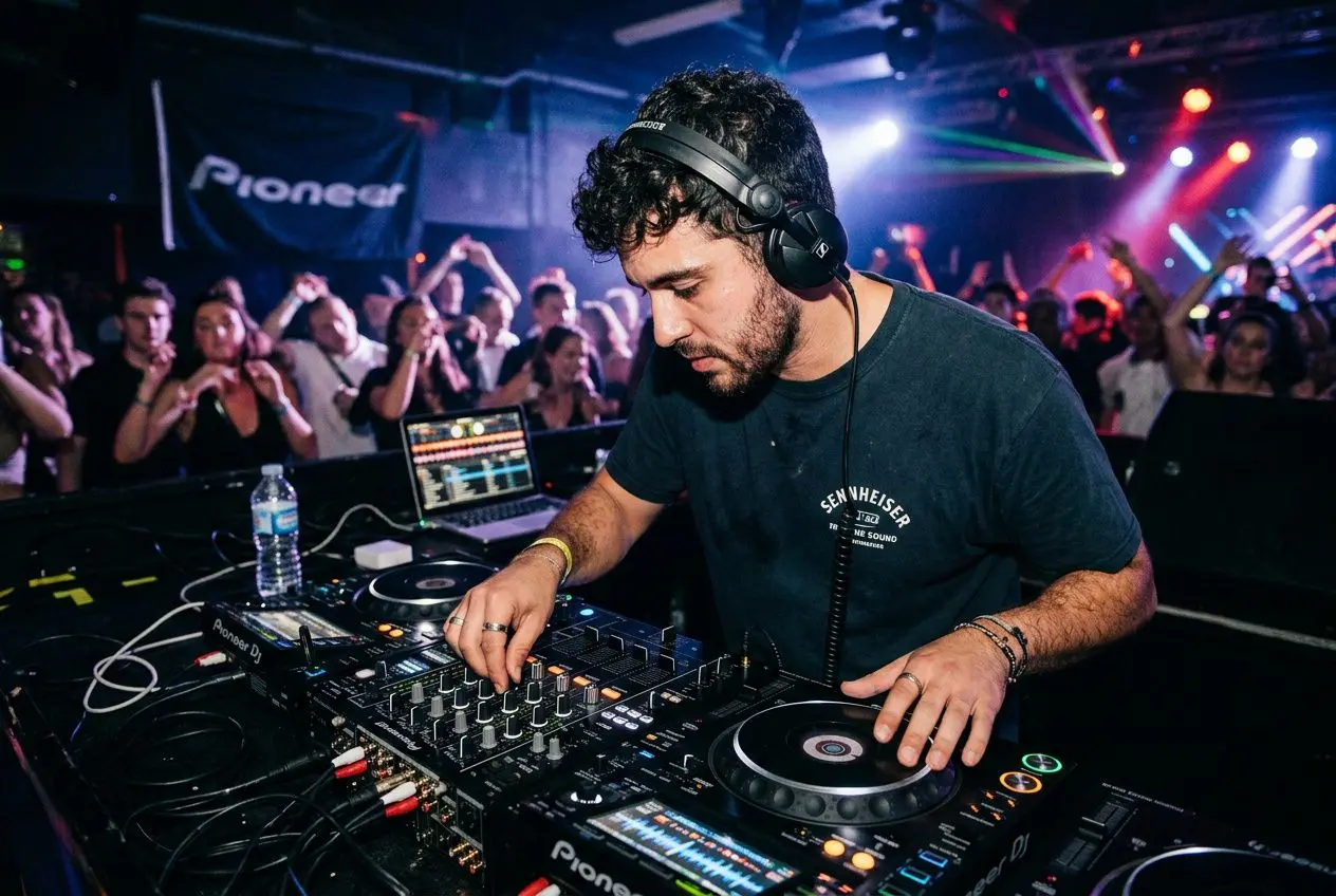 DJ en action, casque DJ sur les oreilles, mixant sur la table de mixage devant une foule enthousiaste en club.